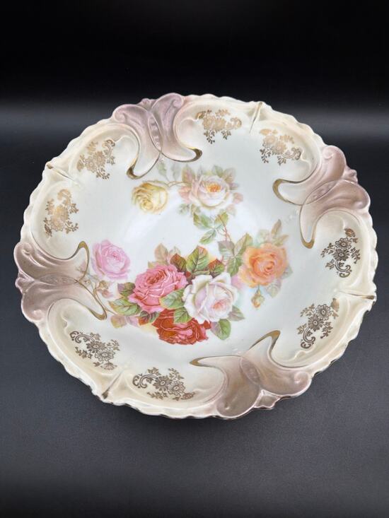 None and/or Unknown Other - Antique Germany 101 Porcelain Serving Bowl 11” Roses Pink Gold Art Nouveau